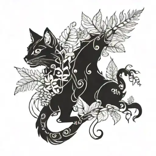 gothic cat and dragon with leafs and ferns tattoo design idea