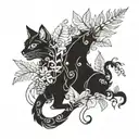 gothic cat and dragon with leafs and ferns tattoo design idea