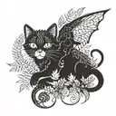 gothic cat and dragon with leafs and ferns tattoo design idea