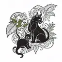 gothic cat and dragon with leafs and ferns tattoo design idea