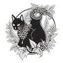 gothic cat and dragon with leafs and ferns tattoo design idea