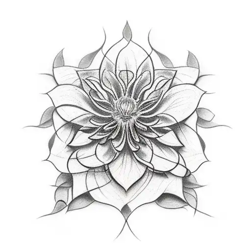 realistic sketched floral tattoo. clematis flowers intertwined in garden spider web.  persephone. honeycomb tattoo design idea