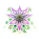 realistic floral tattoo on arm. clematis flowers surrounding garden spider web.  persephone. honeycomb tattoo design idea
