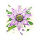 realistic floral tattoo on arm. clematis flowers surrounding garden spider web.  persephone. honeycomb tattoo design idea