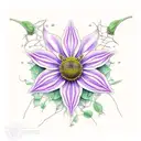 realistic floral tattoo on arm. clematis flowers surrounding garden spider web.  persephone. honeycomb tattoo design idea