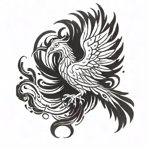 Black and white image of a phoenix with streaks of dark red in it tattoo design idea