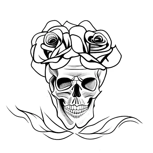 Skull with hairy eyebrows and Roses around head  tattoo design idea