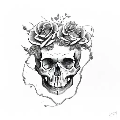 Skull with hairy eyebrows and Roses around head  tattoo design idea