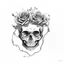 Skull with hairy eyebrows and Roses around head  tattoo design idea