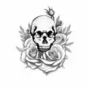 Skull with hairy eyebrows and Roses around head  tattoo design idea