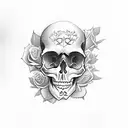 Skull with hairy eyebrows and Roses around head  tattoo design idea