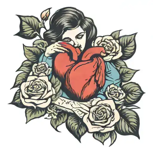 girl hugging a broken heart prayer hands behind her and flowers  tattoo design idea