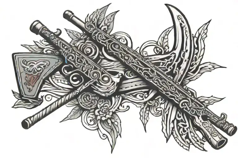 Macuahuitl and M16 rifle entwined tattoo design idea