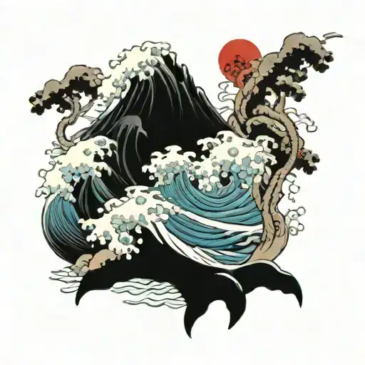 Sea shore with wave crashing tattoo design idea