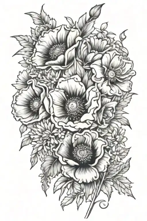 poppies, daffodils and daisies tattoo design idea