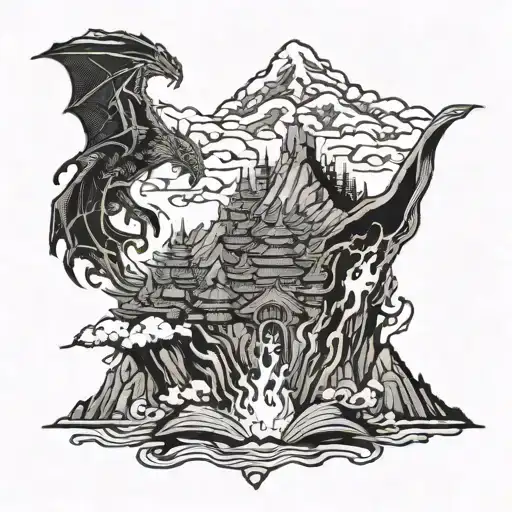 a mountain that looks like books being pierced by a flaming sword surrounded by 4 flying dragons  tattoo design idea