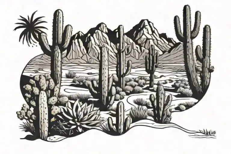 desert landscape filled with cacti tattoo design idea