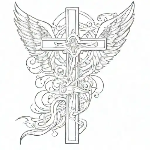 Lord Jesus Christ, have mercy on me, create a cross with this phrase and angel wings above the cross tattoo design idea