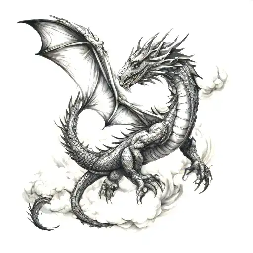 Dragon flying towards bright shining clouds tattoo design idea