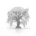 A barbell wrapped around a weeping willow tree tattoo design idea
