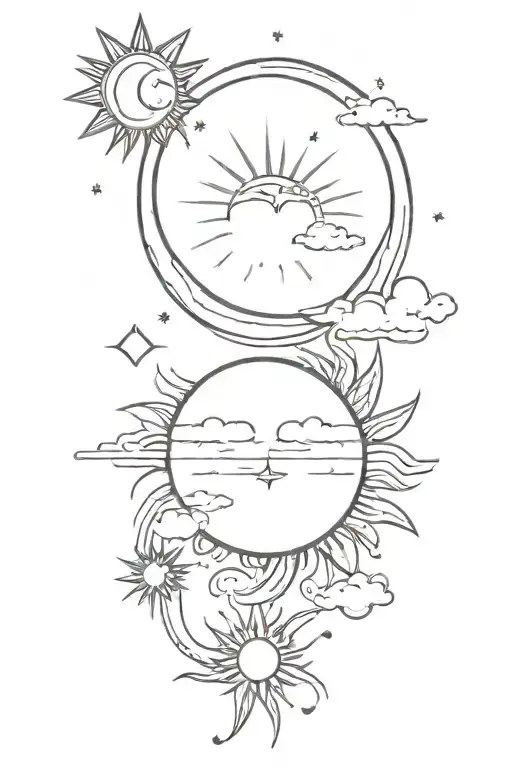 sun and moon with start dust and clouds line work tattoo tattoo design idea