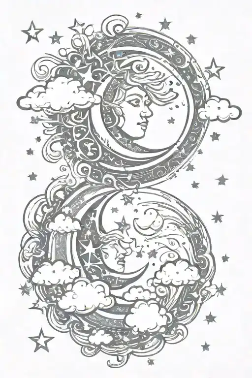 sun and moon clouds celestial star dust coiling tattoo design idea