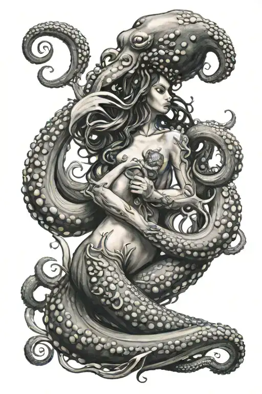 octopus with mermaid holding a trident being held tattoo design idea