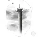 Airplane in front of air traffic tower tattoo design idea