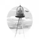 Airplane in front of air traffic tower tattoo design idea