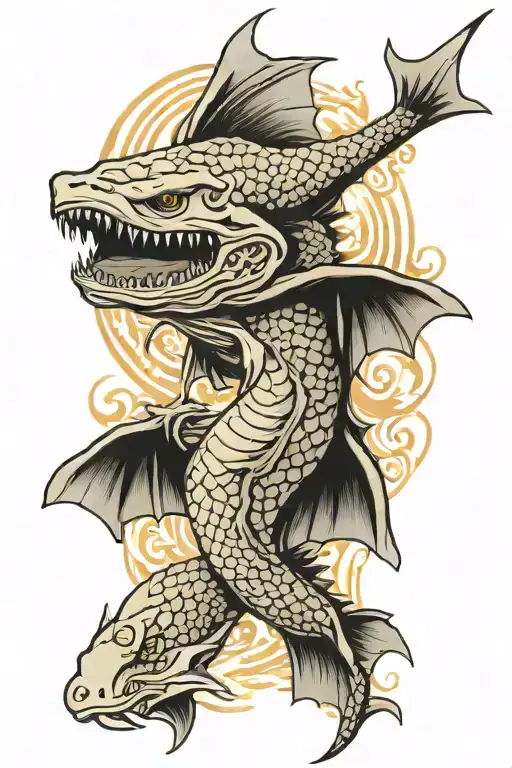 lake sturgeon in the syle of a dragon flying tattoo design idea