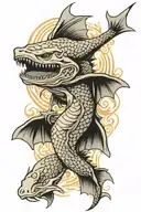 lake sturgeon in the syle of a dragon flying tattoo design idea