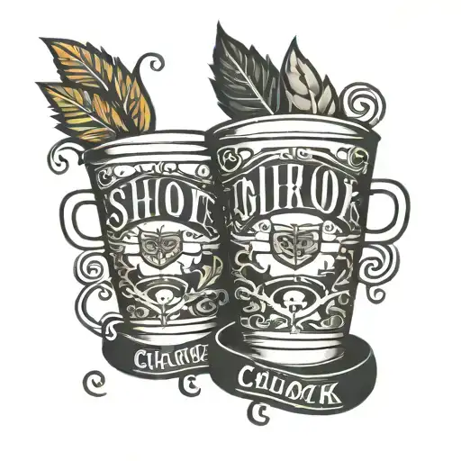 two cups cheering. with the words shot o'clock tattoo design idea
