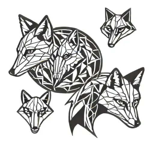 four very simple line drawn geometric fox heads in a circular design for forearm  tattoo design idea