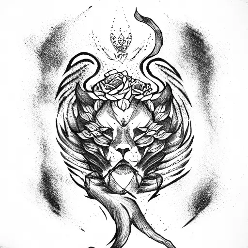 Phoenix and a lion scroll together with roses tattoo design idea