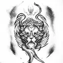 Phoenix and a lion scroll together with roses tattoo design idea