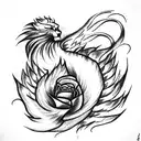 Phoenix and a lion scroll together with roses tattoo design idea