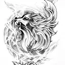 Phoenix and a lion scroll together with roses tattoo design idea
