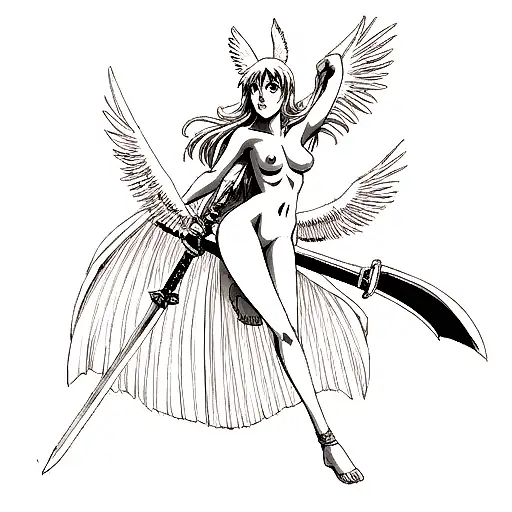 nude valkyrie with sword tattoo design idea
