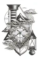 wind, hour glass with mountain, sea, time wrapped , adventure, band tattoo tattoo design idea