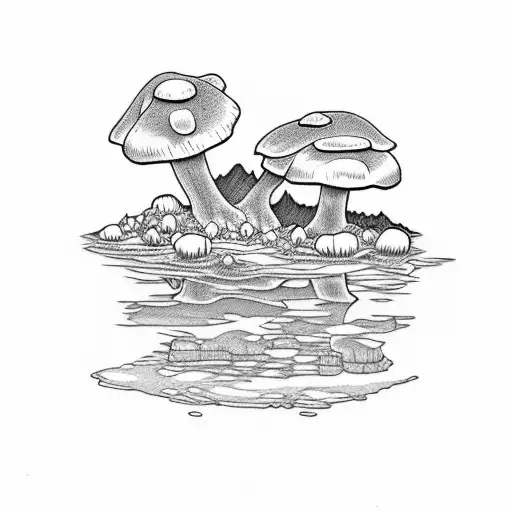 alpine mountain, reflected in alpine lake with morel mushrooms surfacing from the lakes surface tattoo design idea