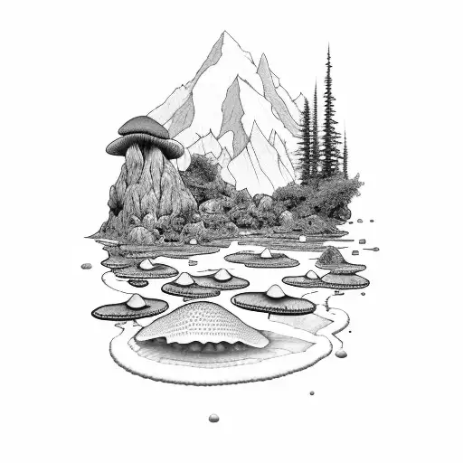 alpine mountain, reflected in alpine lake with morel mushrooms surfacing from the lakes surface tattoo design idea