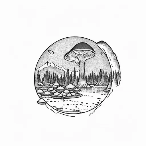 alpine mountain, reflected in alpine lake with morel mushrooms surfacing from the lakes surface tattoo design idea