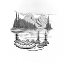 alpine mountain, reflected in alpine lake with morel mushrooms surfacing from the lakes surface tattoo design idea