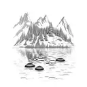 alpine mountain, reflected in alpine lake with morel mushrooms surfacing from the lakes surface tattoo design idea