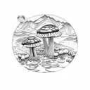 alpine mountain, reflected in alpine lake with morel mushrooms surfacing from the lakes surface tattoo design idea