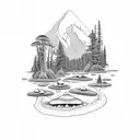alpine mountain, reflected in alpine lake with morel mushrooms surfacing from the lakes surface tattoo design idea