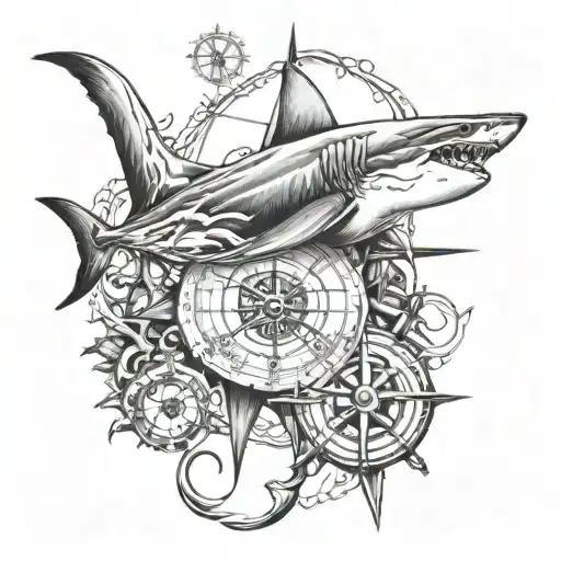 Shark and anchor and compass tattoo design idea
