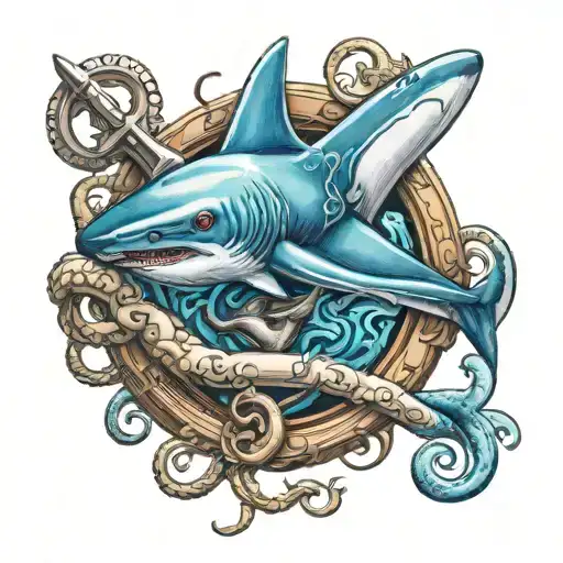 anchor and shark and octopus holding tattoo design idea