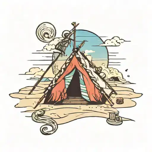 a tent on a beachy background, an eye printed on the canvas of the tent, a sock in the sky tattoo design idea