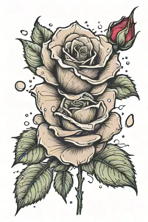realistic rose with water droplets falling leaves tattoo design idea